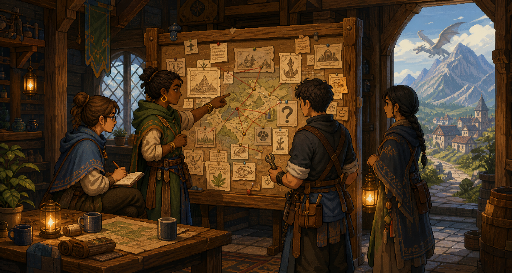 A pixel-art party studying maps and evidence on a guild tavern quest board while a dragon circles a distant mountain.